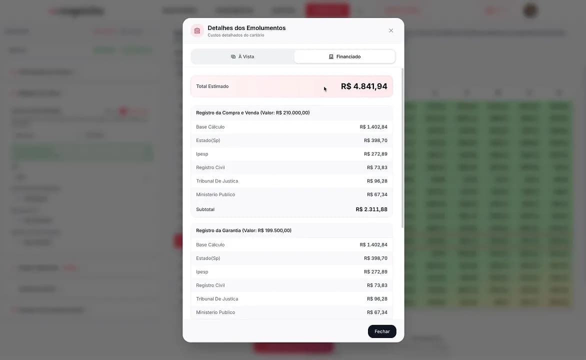 Calculadora preenchida com dados do imóvel