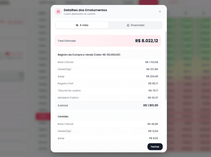 Tela de custos calculados automaticamente